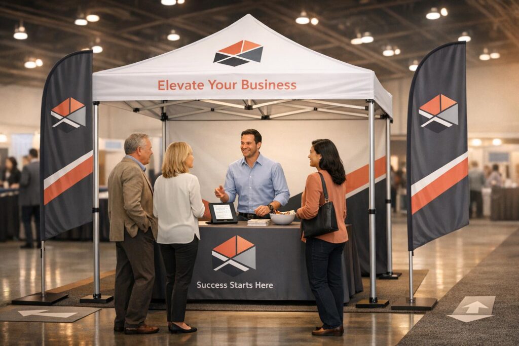 How to Design a Trade Show Booth That Converts Using Tents, Flags & Table Covers